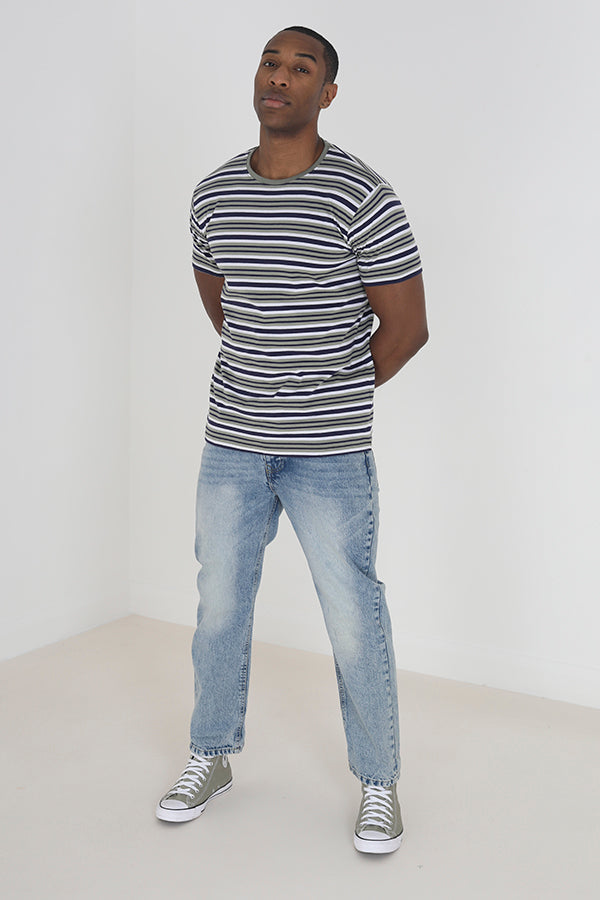 Stripe Rib Neck Detail Crew Neck T-Shirt