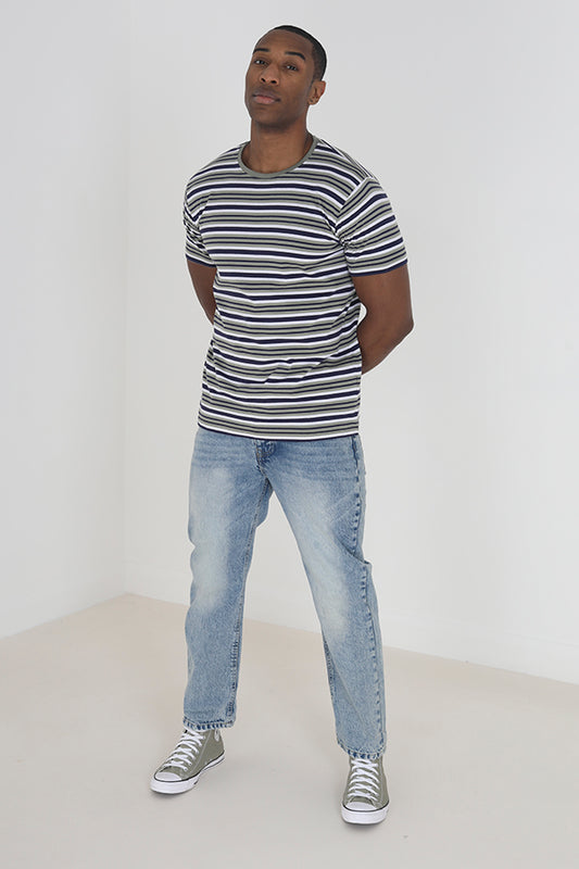Stripe Rib Neck Detail Crew Neck T-Shirt