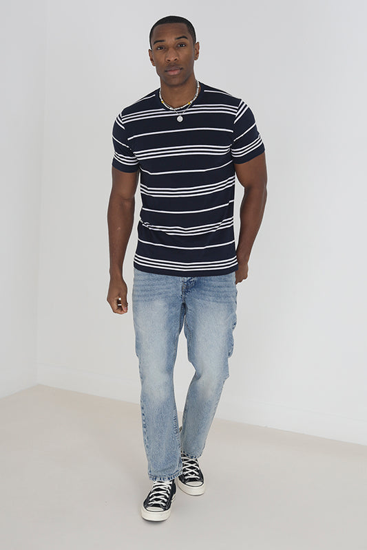 Crew Neck Contrast Stripe Rib Neck T-Shirt