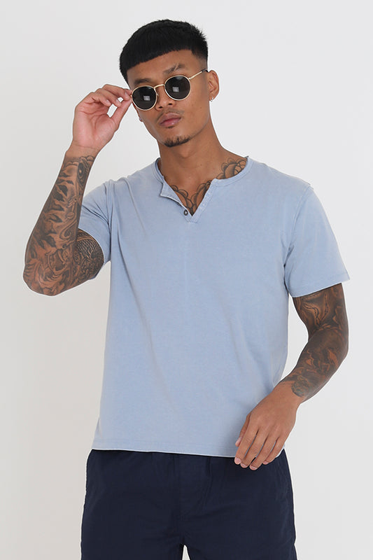 Acid Wash Y Neck Raw Edge Short Sleeve Tee Shirt