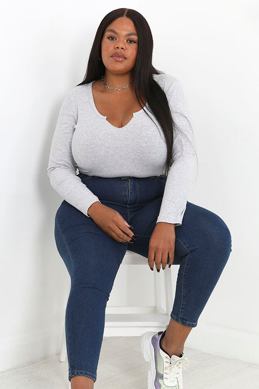Plus Size Notch Neck Long Sleeve Bodysuit