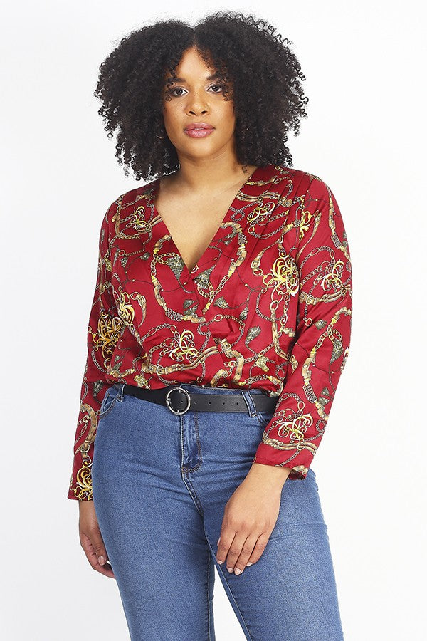 Plus Size Long Sleeve Satin Chain Print Bodysuit
