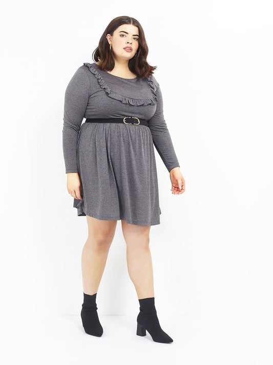Plus Size Frill Bib Long Sleeve Skater Dress