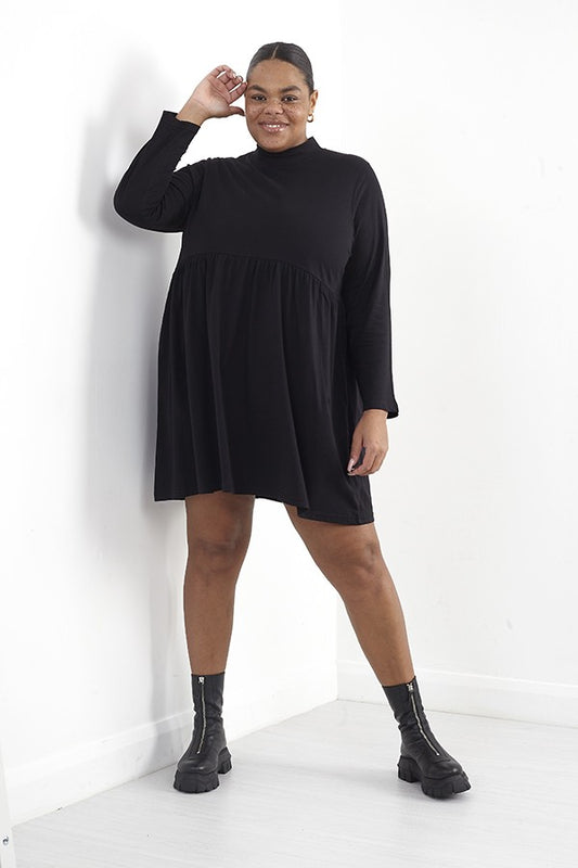 Plus Size Plain Long Sleeve Mini Smock Dress