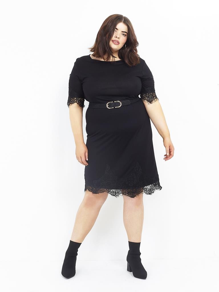 Black Plus Size Lace Hem Midi T-Shirt Dress