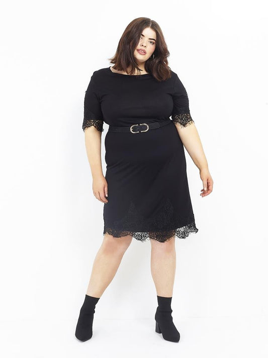 Black Plus Size Lace Hem Midi T-Shirt Dress