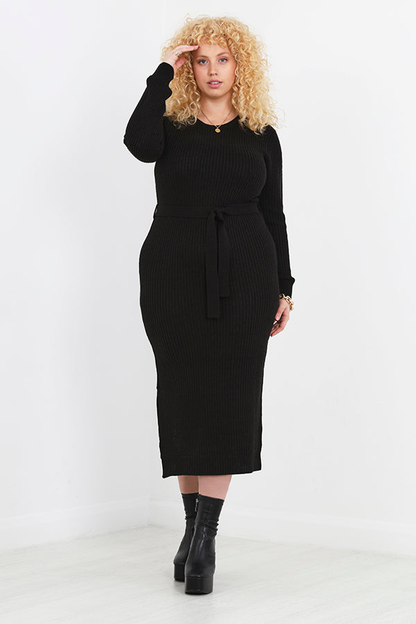 Plus Size Black Long Sleeve Midi Jumper Dress
