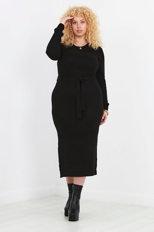 Plus Size Black Long Sleeve Midi Jumper Dress