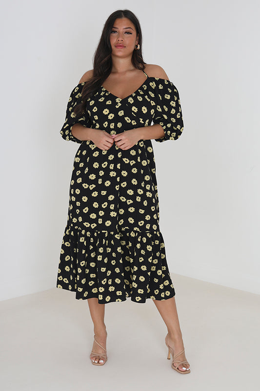 Plus Size Floral Tie Back Tiered Midi Dress