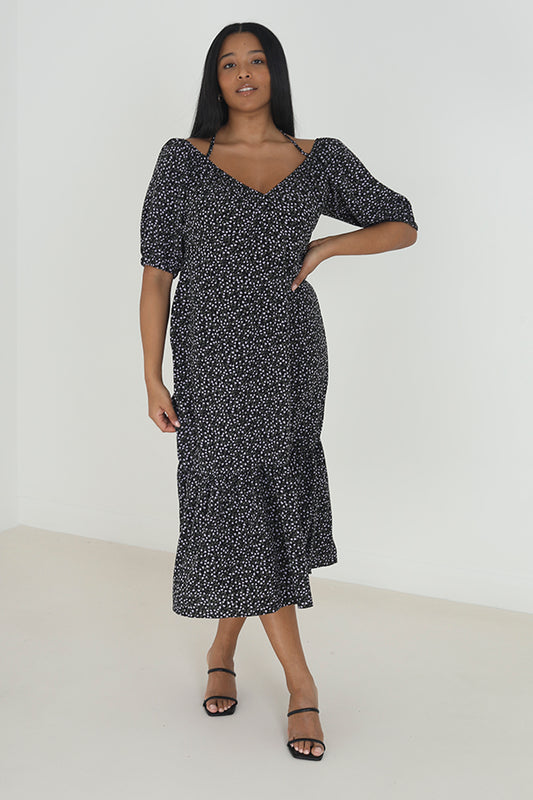 Plus Size Floral Tie Up Tiered Hem Midi Dress
