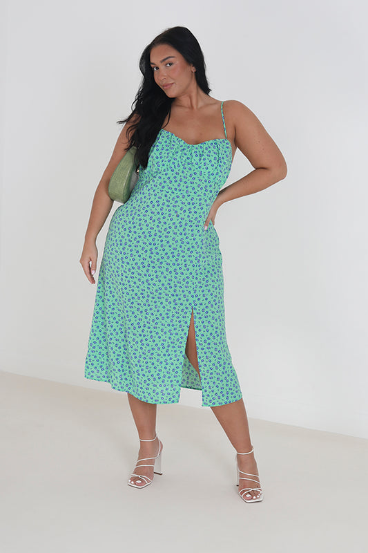 Plus Size Green/Blue Strappy Floral Midi Dress