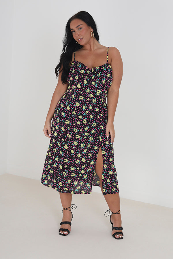 Plus Size Floral Strappy Midi Dress With Side Split