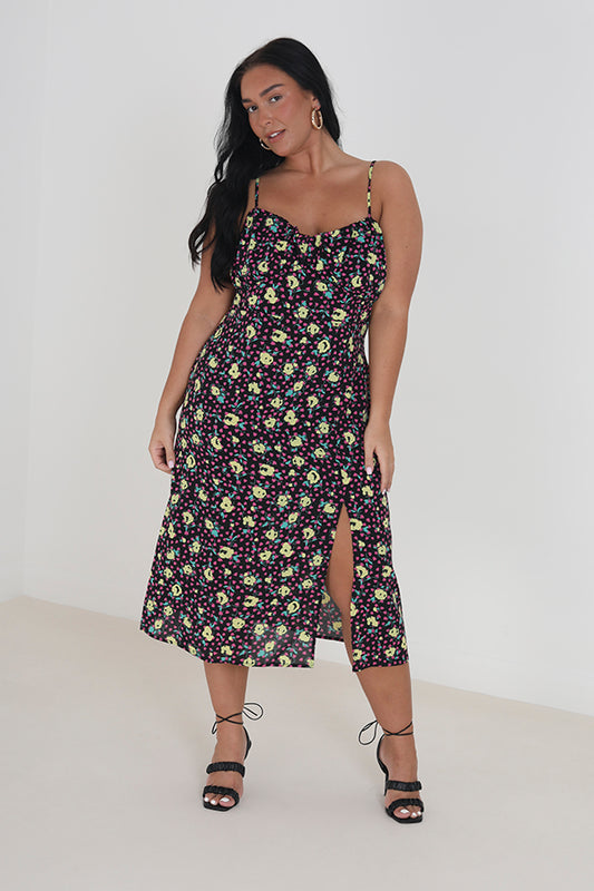 Plus Size Floral Strappy Midi Dress With Side Split
