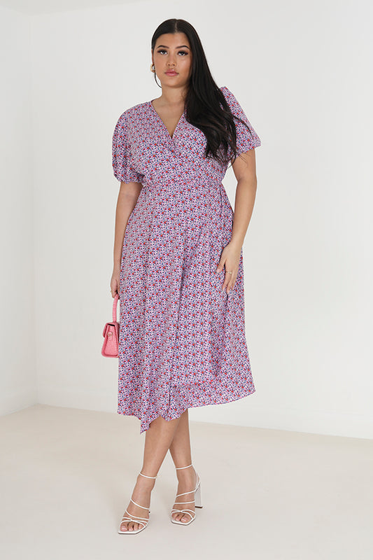 Pink Floral Plus Size Wrap Front Midi Dress