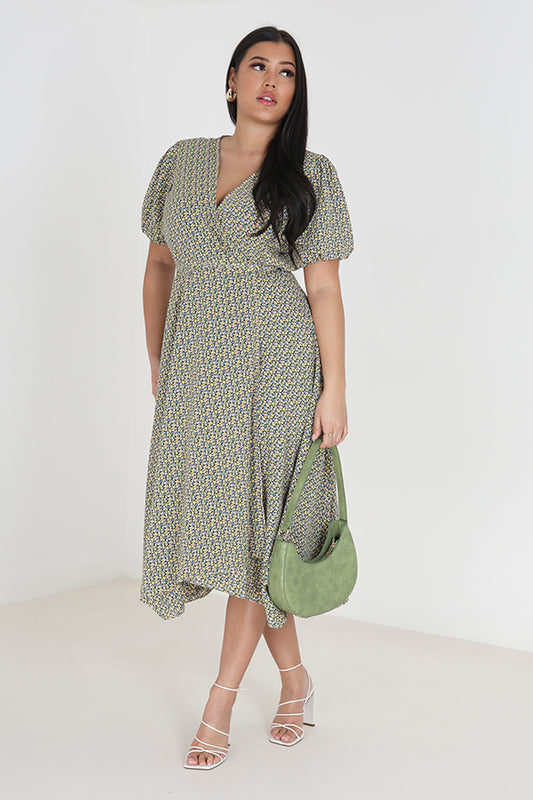 All Over Print Plus Size Wrap Front Midi Dress