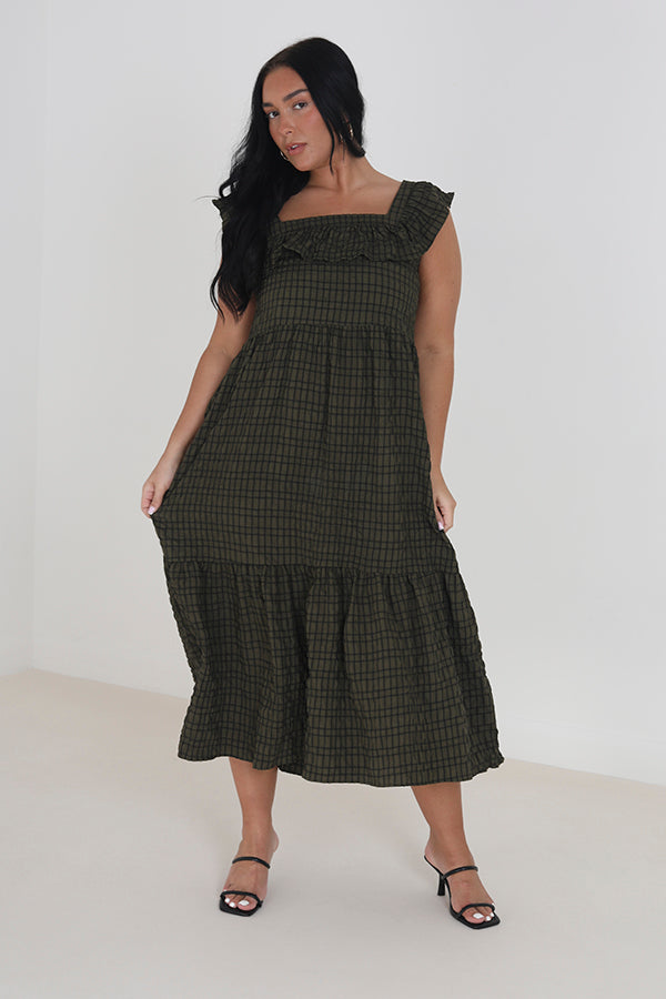 Plus Size Checked Tie Back Frill Maxi Dress