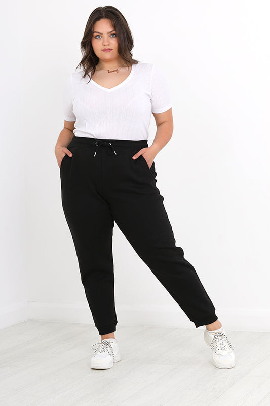 Plus Size Plain Black Drawstring Jogging Bottoms
