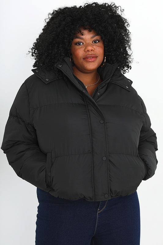 Plus Size Black Short Hooded Puffer Jacket
