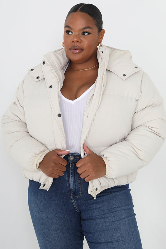 Plus Size Cream Short Padded Puffer Jacket