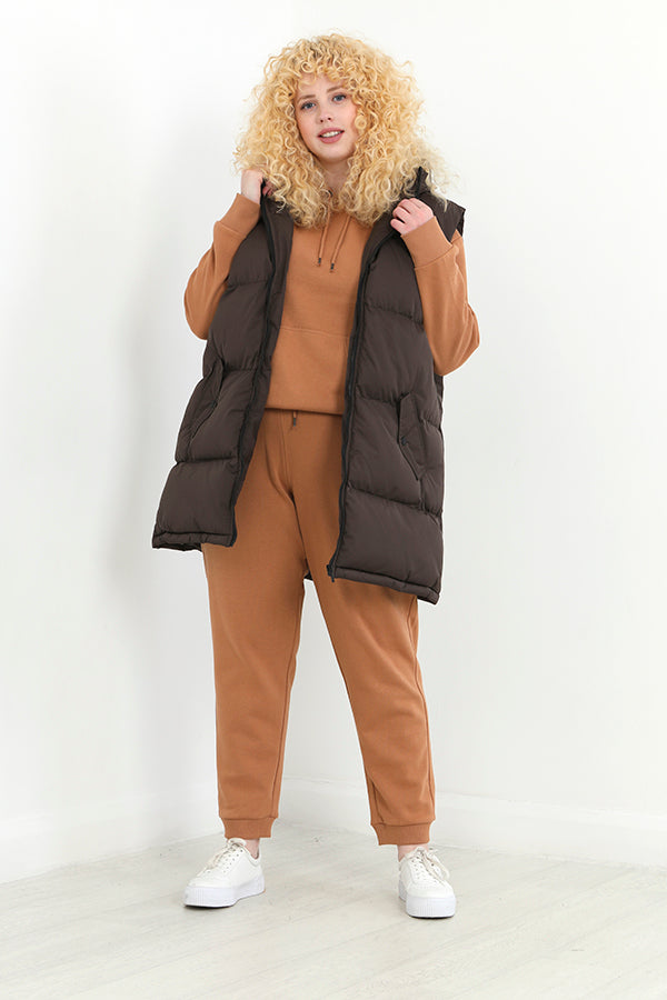 Plus Size Chocolate Brown Padded Long Gilet