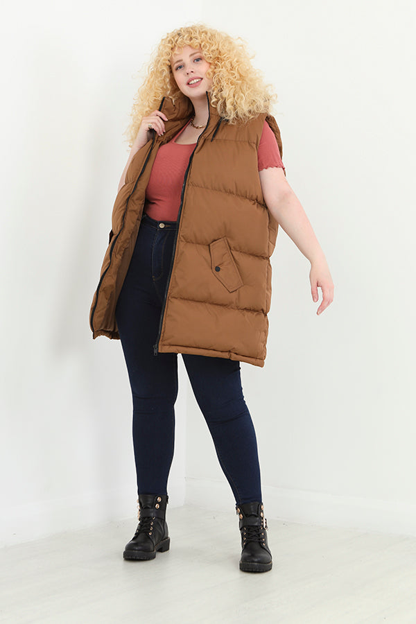 Plus Size Toffee Hooded Longline Padded Gilet