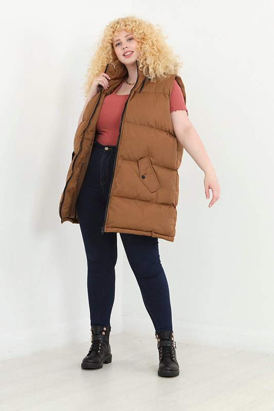 Plus Size Toffee Hooded Longline Padded Gilet