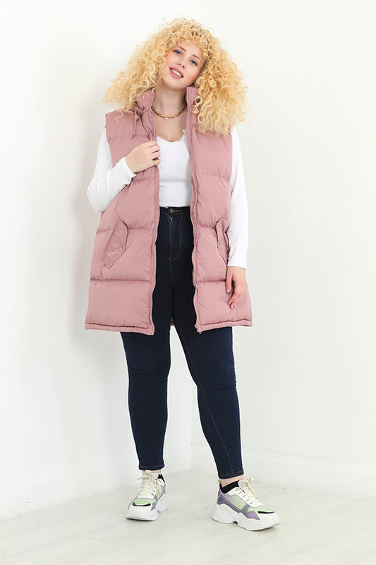 Plus Size Pink Longline Hooded Padded Gilet