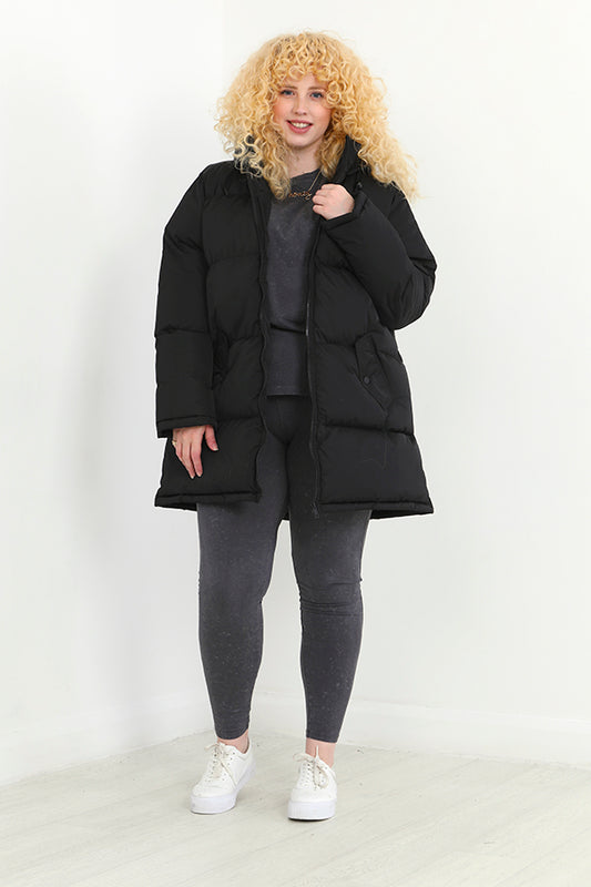 Plus Size Black Longline Hooded Padded Jacket