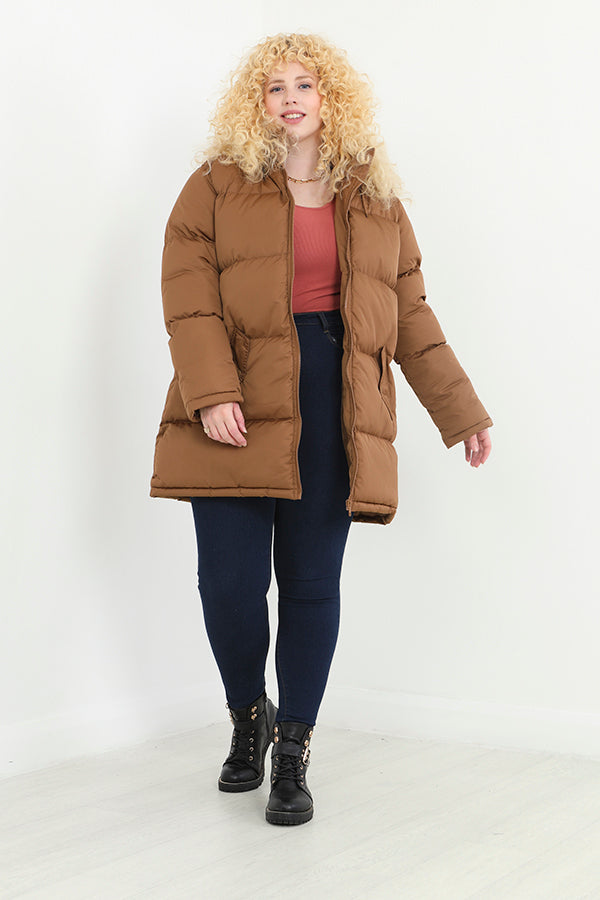 Plus Size Toffee Longline Padded Hooded Coat