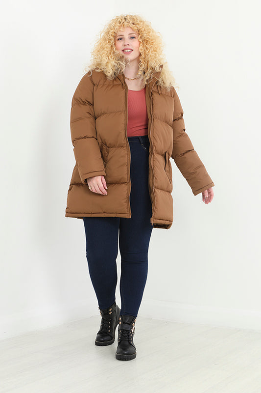 Plus Size Toffee Longline Padded Hooded Coat