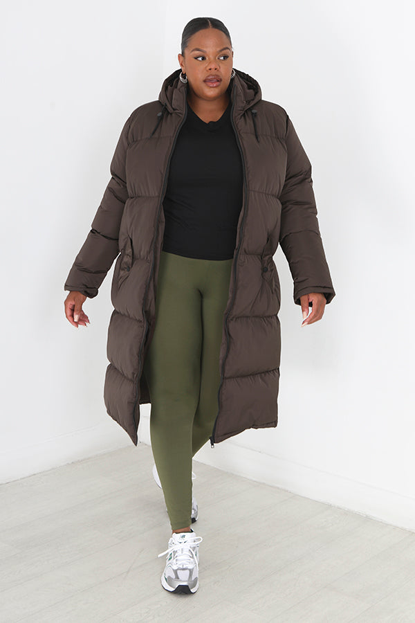 Plus Size Chocolate Maxi Length Hooded Padded Jacket