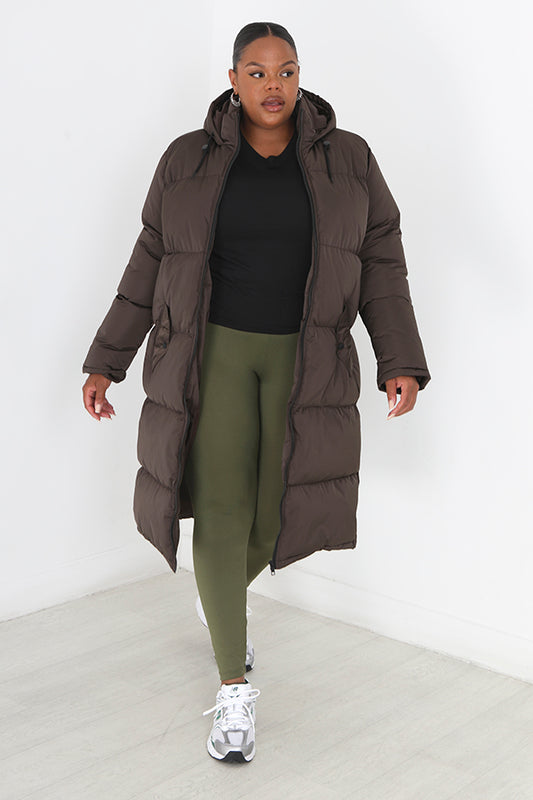 Plus Size Chocolate Maxi Length Hooded Padded Jacket