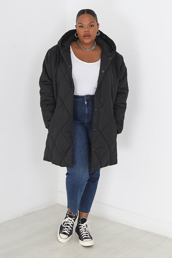 Plus Size Black Long Length Diamond Quilted Coat