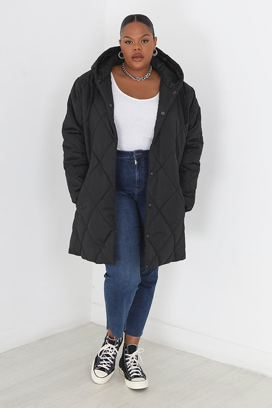 Plus Size Black Long Length Diamond Quilted Coat
