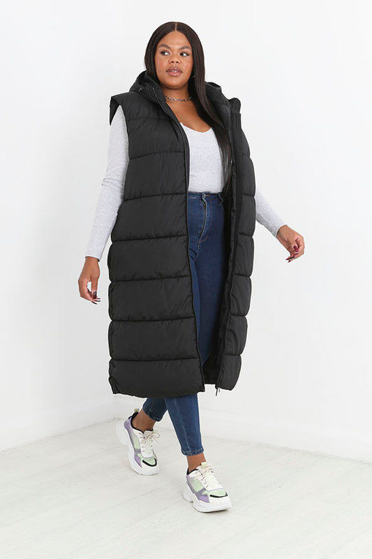 Plus Size Black Longline Padded Puffer Gilet