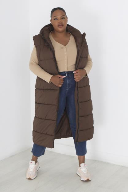 Plus Size Chocolate Long Length Padded Gilet