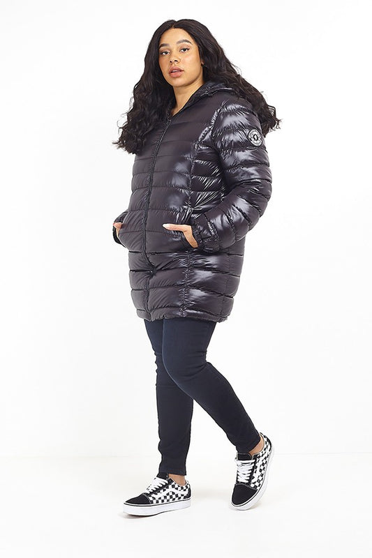 Plus Size High Shine Finish Badge Detail Padded Coat
