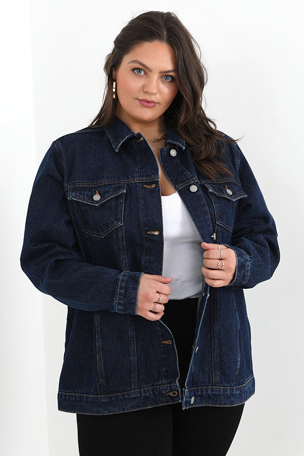Plus Size Boyfriend Fit Dark Blue Denim Jacket