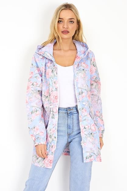 Plus Size Blue Floral Print Showerproof Mac