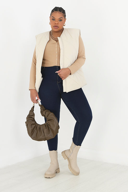 Plus Size Cream Plain Nylon Quilted Gilet
