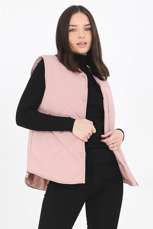Plus Size Dusky Pink Popper Fastening Quilted Gilet