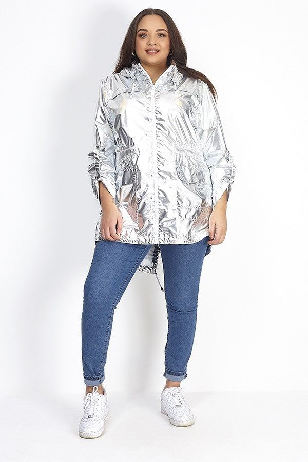 Plus Size High Shine Metallic Silver Hooded Mac
