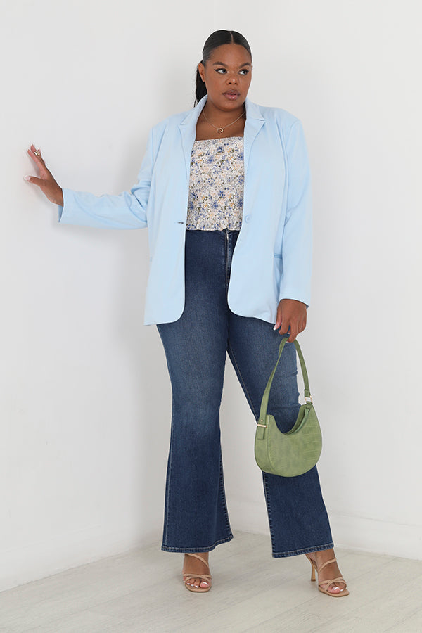 Plus Size Pale Blue Plain Single Button Blazer
