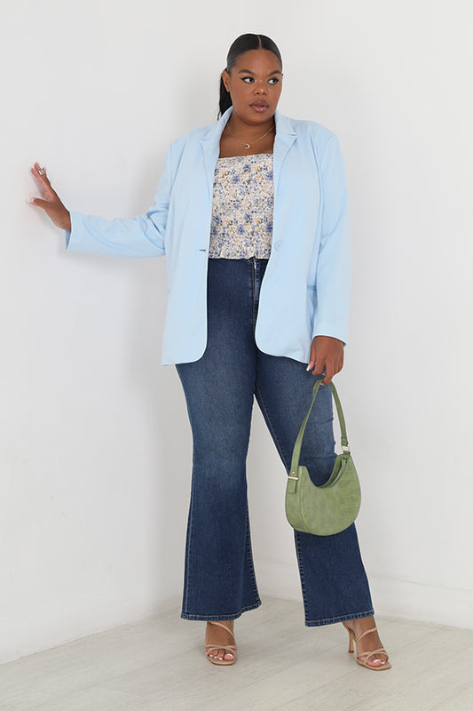 Plus Size Pale Blue Plain Single Button Blazer