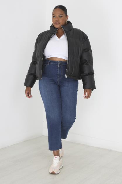 Plus Size Black Matte Faux Leather Padded Coat