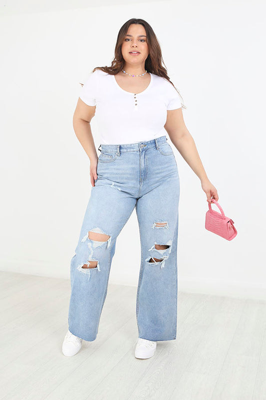 Plus Size Blue High Waisted Wide Leg Ripped Jeans
