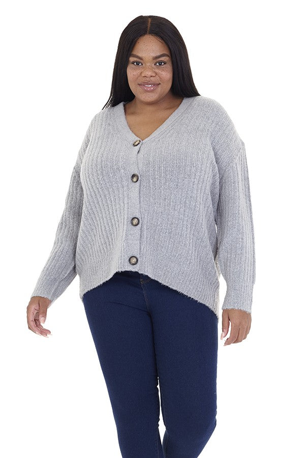 Plus Size Grey Short Ribbed Button Up Cardigan