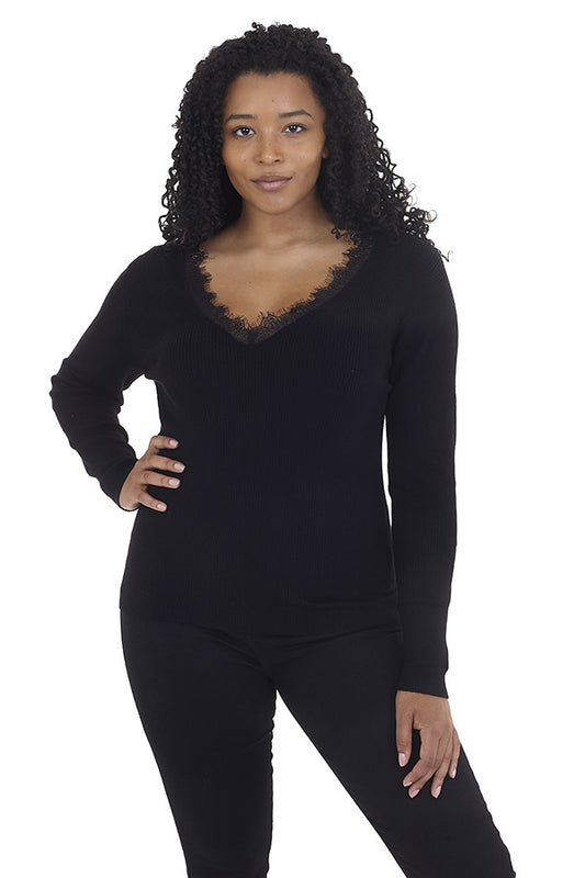 Plus Size Black Lace Trim V Neck Kint Jumper