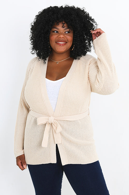 Plus Size Fisherman Rib Knit Belted Cardigan