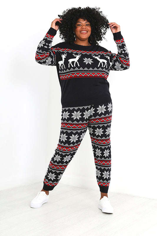 Plus Size Navy Ski Season Jacquard Print Knitted Set